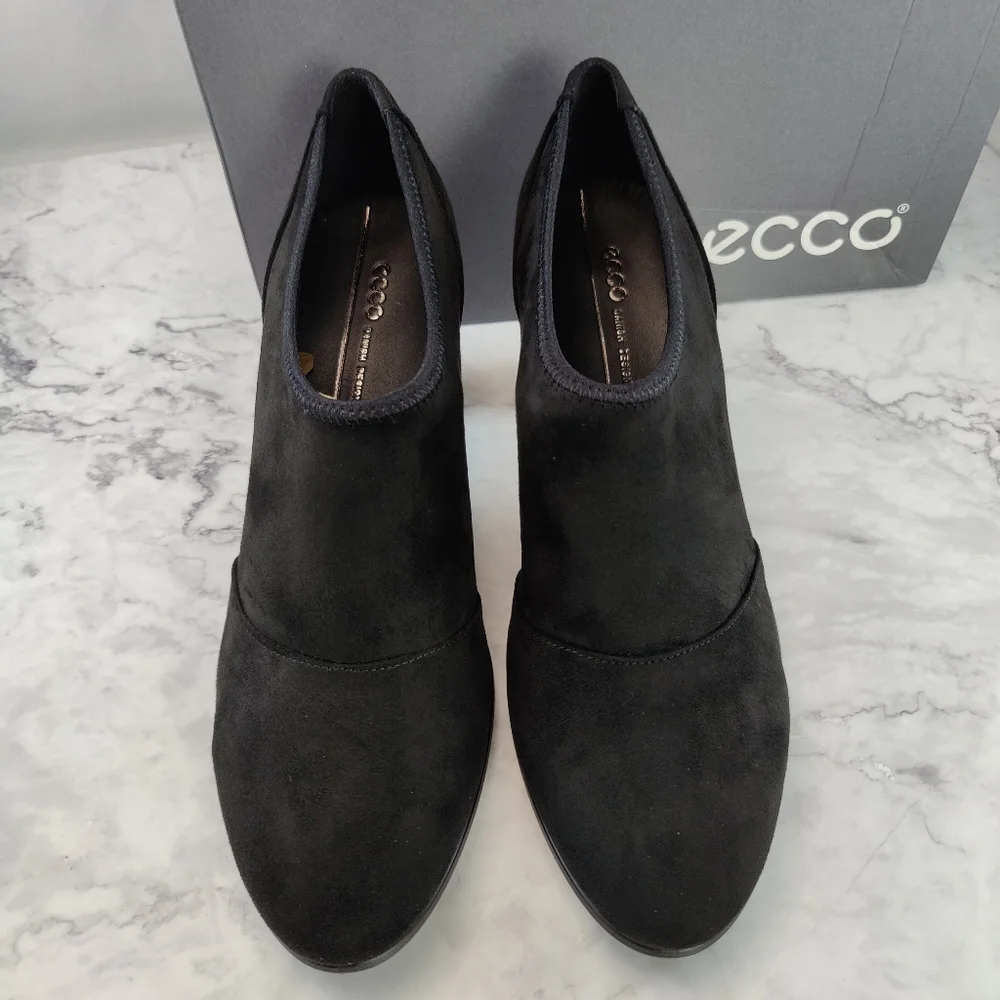 Ecco Shape 55 Plateau Stacked Heel Black Suede Bootie Size EU 41 US 10-10.5 NEW - Picture 2 of 11